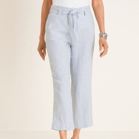Chico's Tie-Waist Blue and White Pinstriped Linen Crops Size 1.5R or 10/Medium - Picture 1 of 15